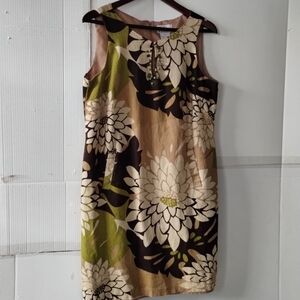 R&K Floral Sleeveless Dress Tan Brown SZ 16 Casual Church Office Academia Fall